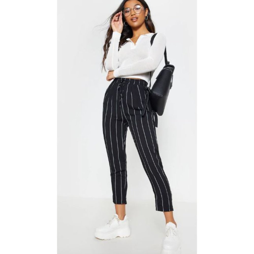 Pretty Little Thing High Rise Pull On Pants Womens 4 Black Stripe Tapered HH07